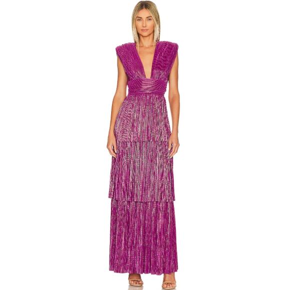 Sabina Musayev Judith Gown V-Neck Pleated Lace-Up Backless Tiered Maxi Dress - Picture 16 of 16